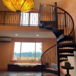 Forged Iron 5 ft code spiral stairscase red oak treads and railing