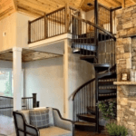 Farmhouse Style Forged Iron Spiral Staircase with Wood tread Coverings