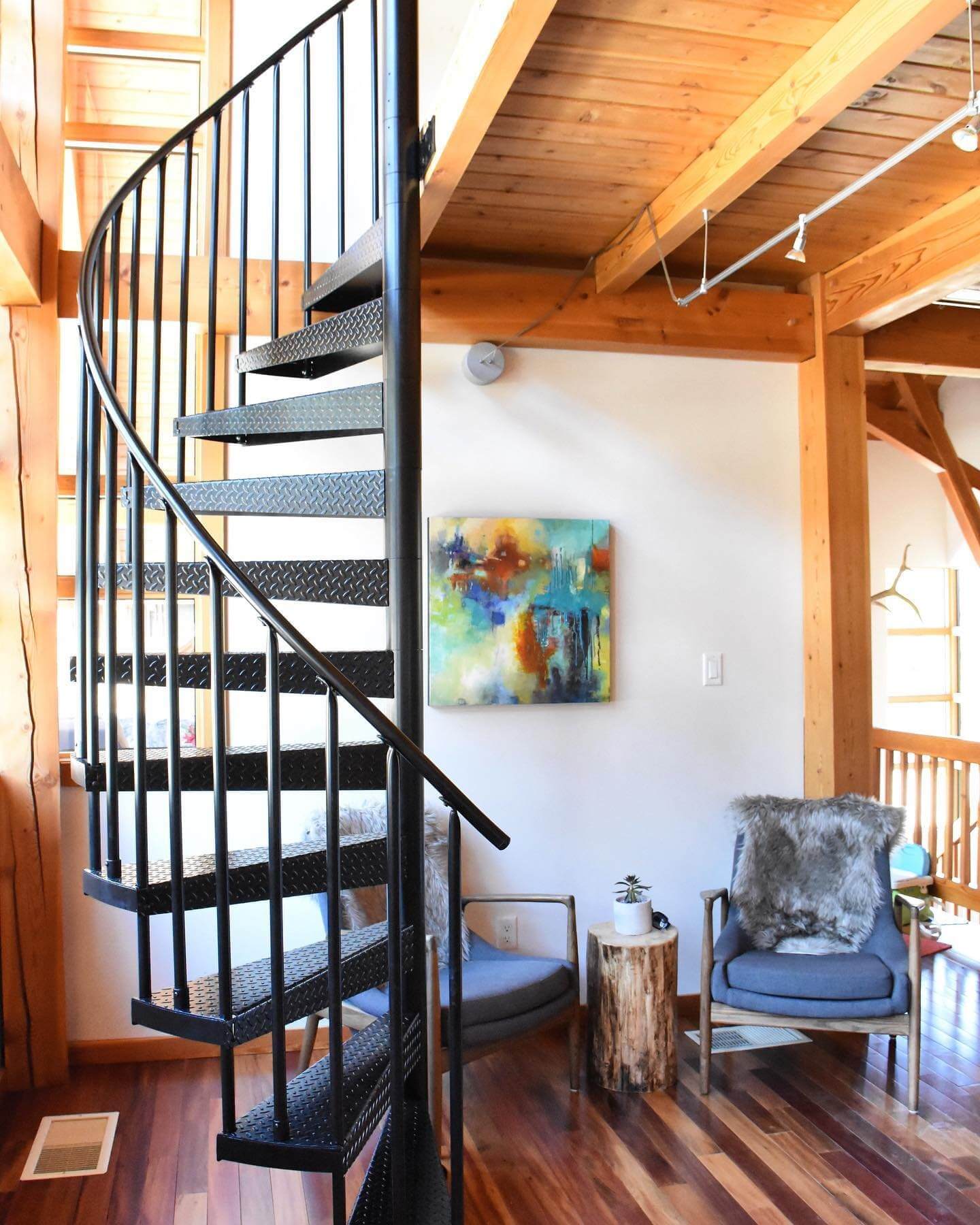 classic steel spiral stair tiny home
